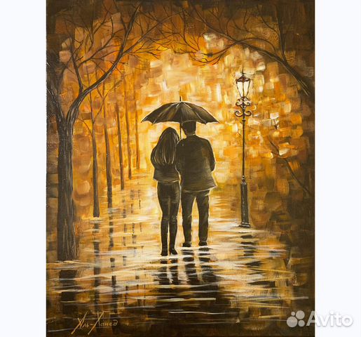 Картина Пара влюбленных под зонтом в осеннем парке