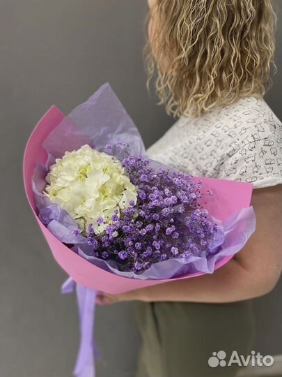 Дуо букет из Гортензии с Гипсофилой в фоамиране