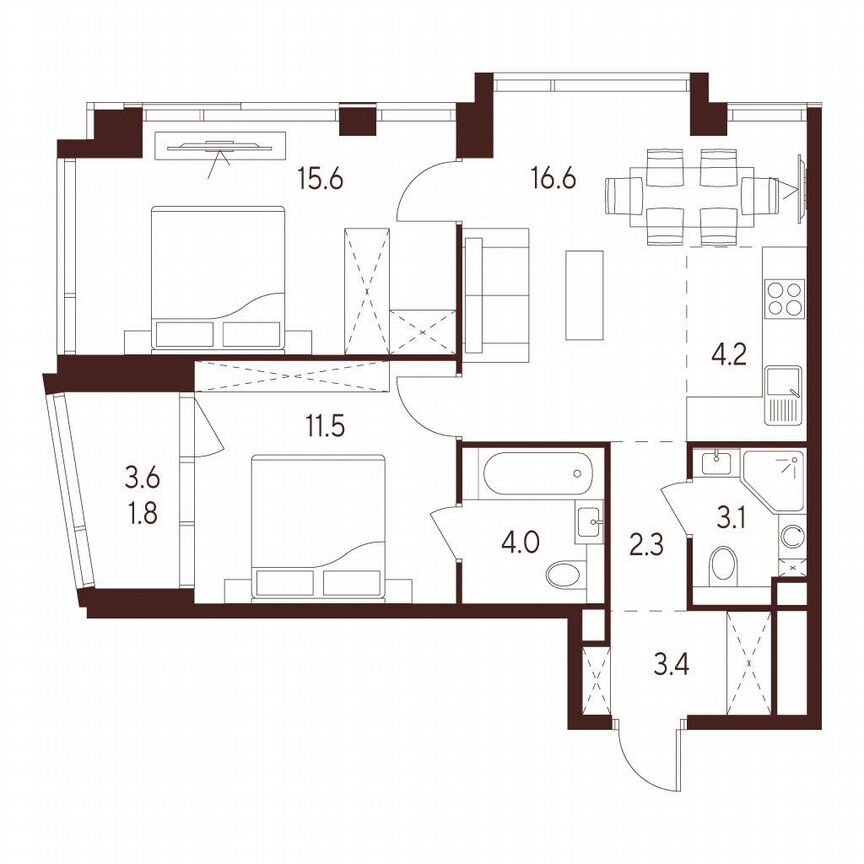 2-к. квартира, 60,7 м², 14/23 эт.