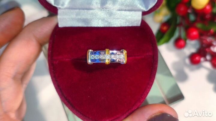 Кольцо муассаниты 7 шт*0,1ct. 925/позолота двутон