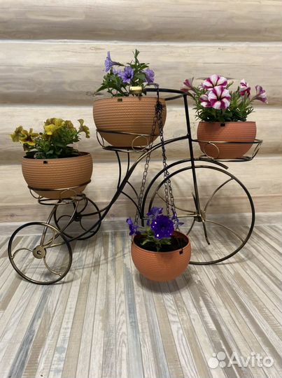 Подставка для цветов кованый велосипед на 3 кашпо
