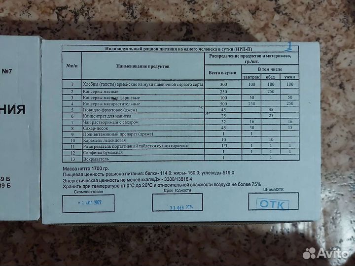 Индивидуальный рацион питания (ирп-П) сухпай