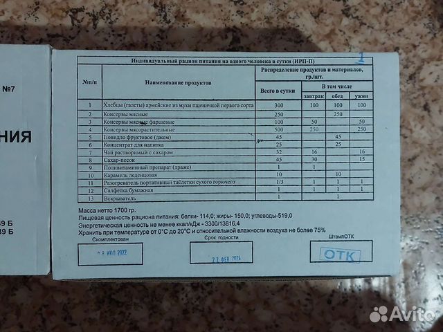 Индивидуальный рацион питания (ирп-П) сухпай