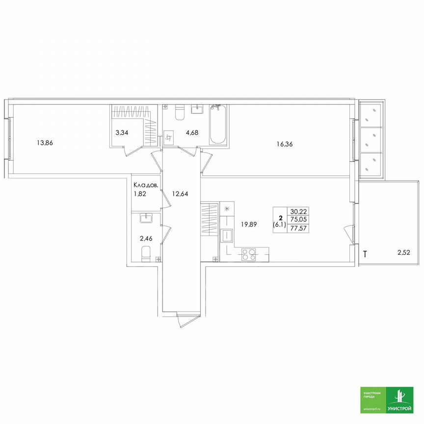2-к. квартира, 77,6 м², 1/5 эт.