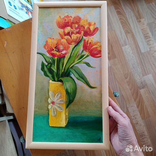 Картина Тюльпаны маслом на холсте в раме 20х40 см