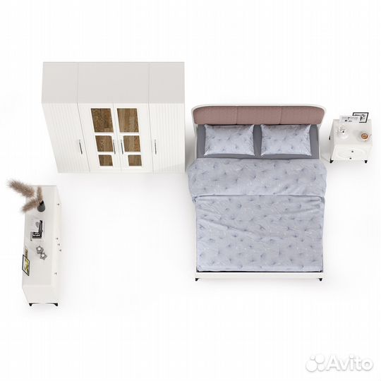 Мебель для спальни Валенсия № 32 двуспальная кровать с мягкой спинкой, цвет белый шагрень