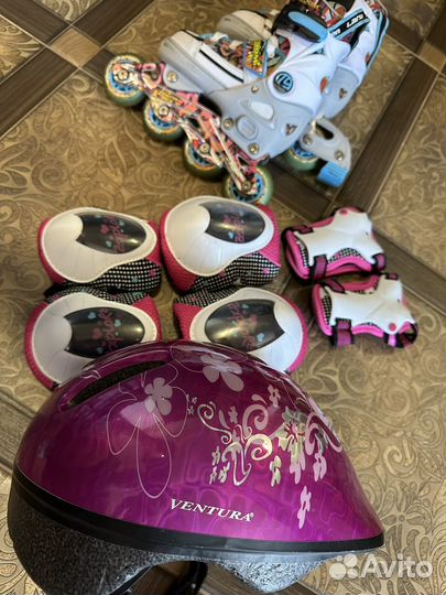 Роликовые коньки детские, защита, шлем