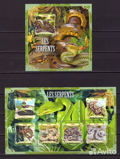Буркина Фасо, 2021. Фауна, змеи (мл+блок)