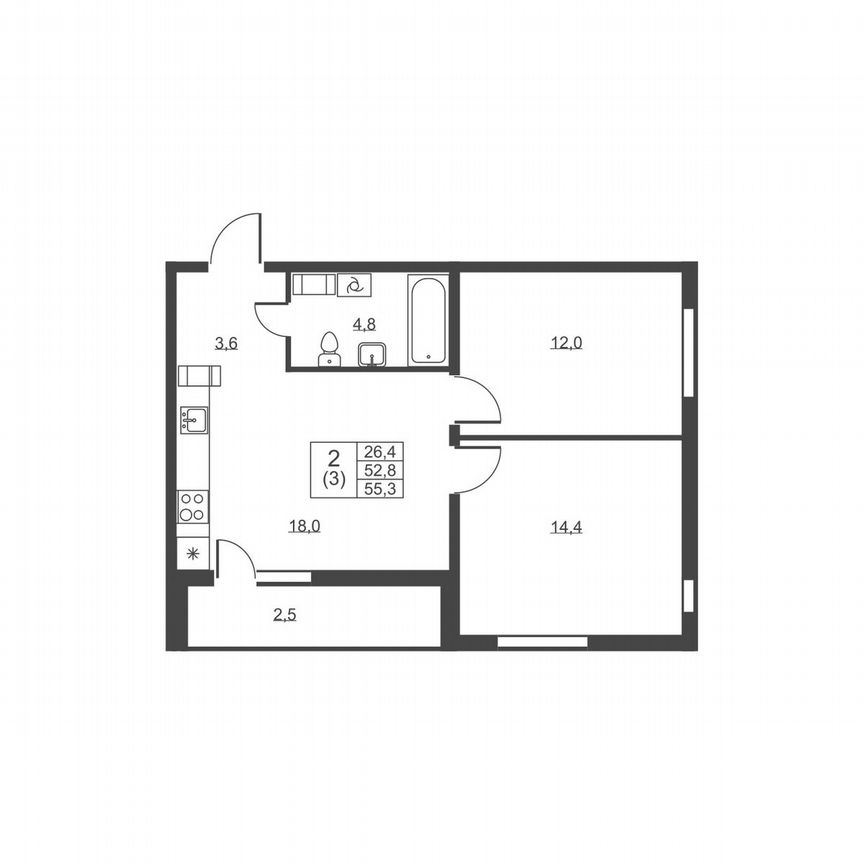 2-к. квартира, 55,3 м², 7/8 эт.