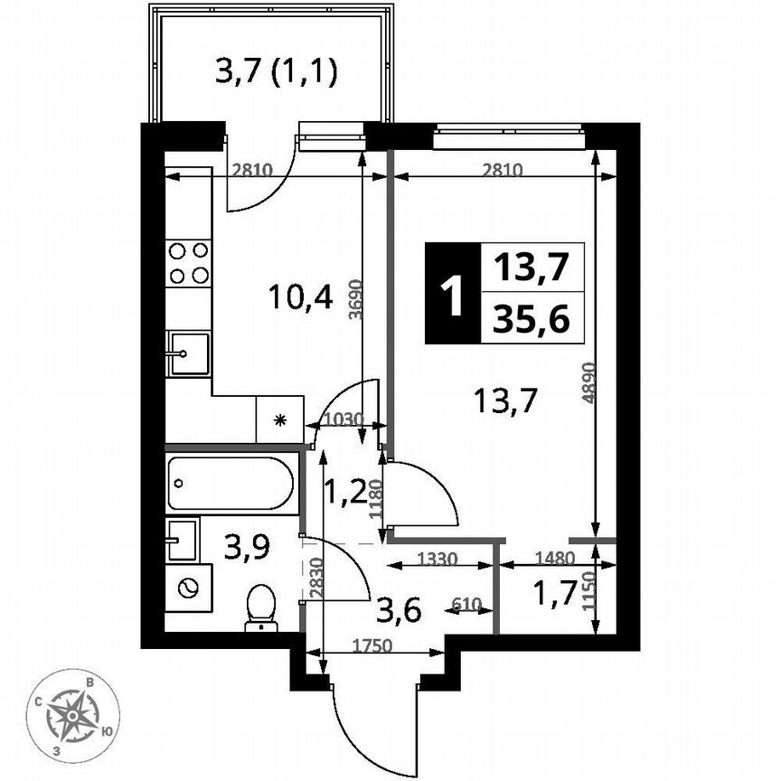 1-к. квартира, 35,6 м², 2/25 эт.