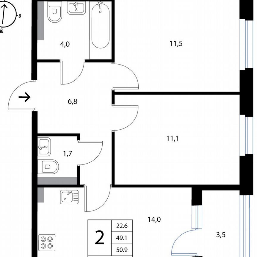 2-к. квартира, 50,9 м², 3/3 эт.