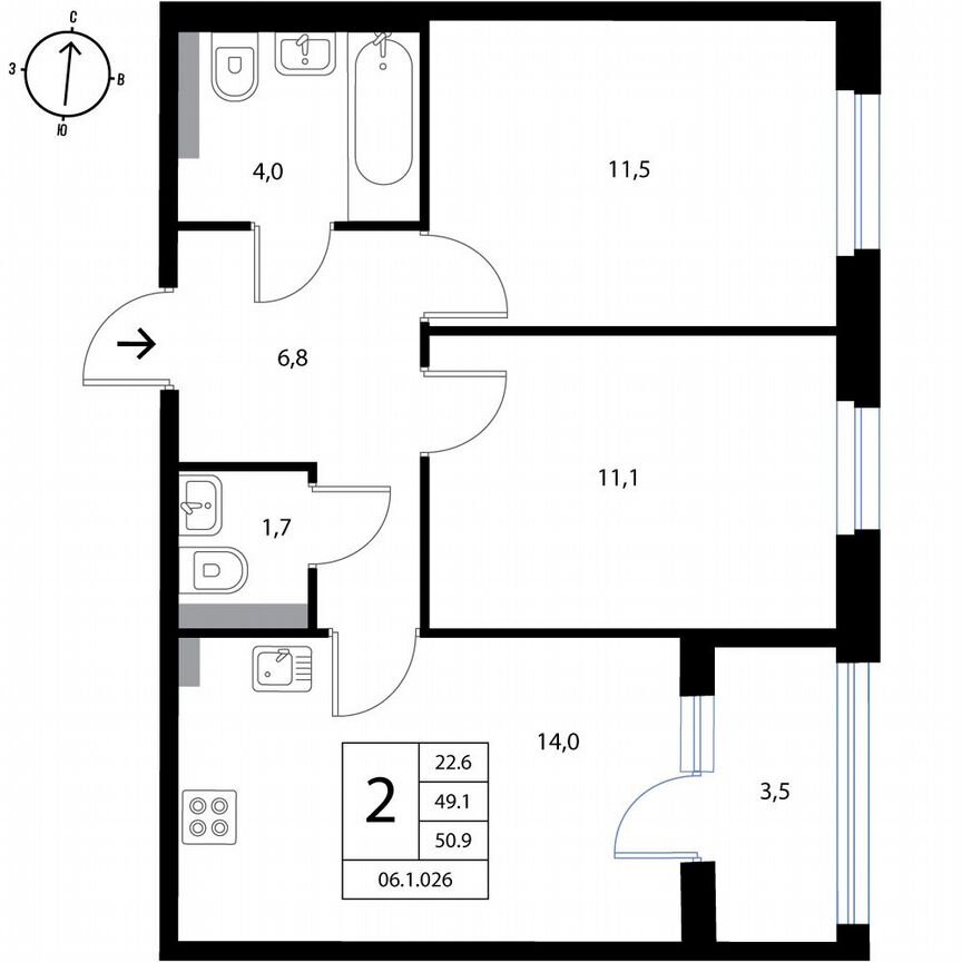 2-к. квартира, 50,9 м², 3/3 эт.