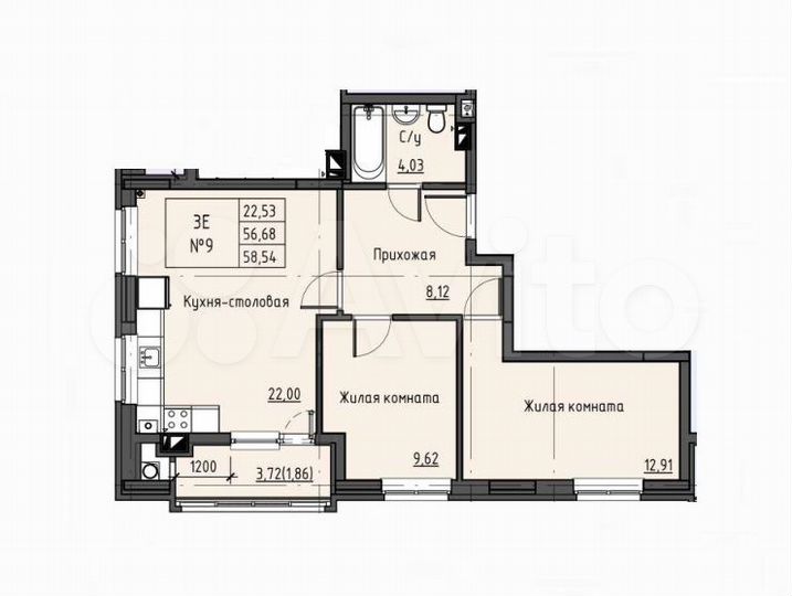 3-к. квартира, 58 м², 2/8 эт.