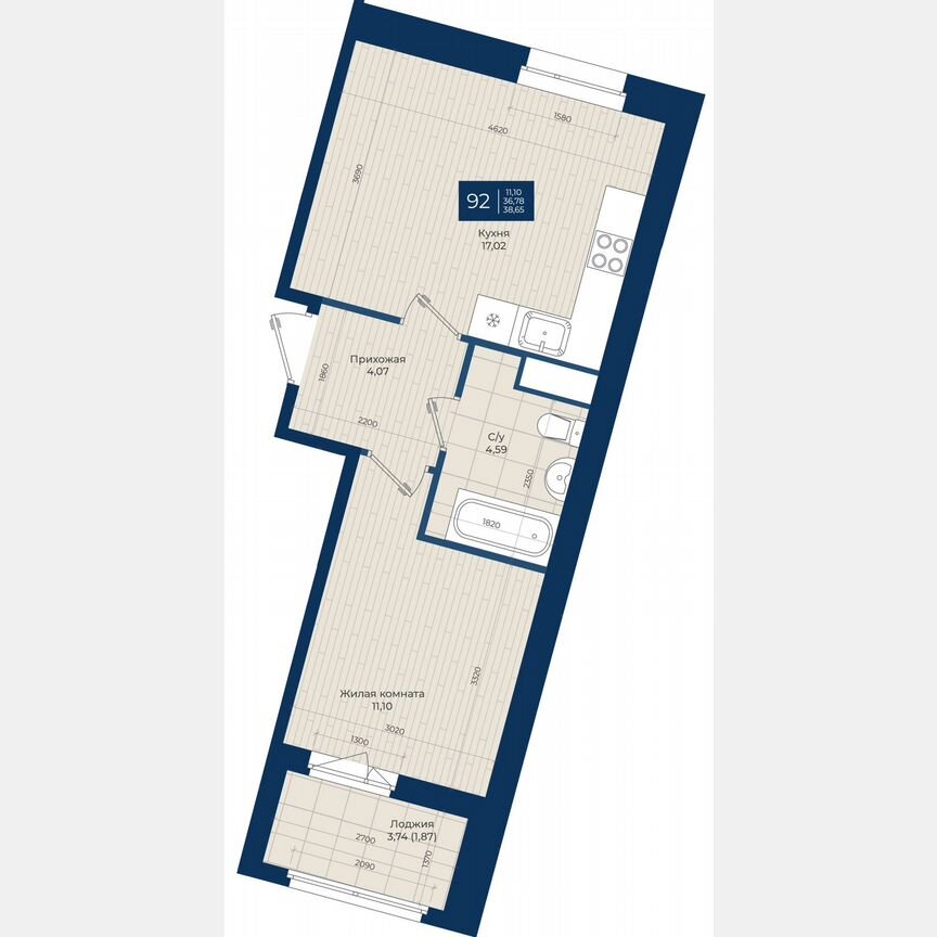 1-к. квартира, 38,7 м², 8/12 эт.