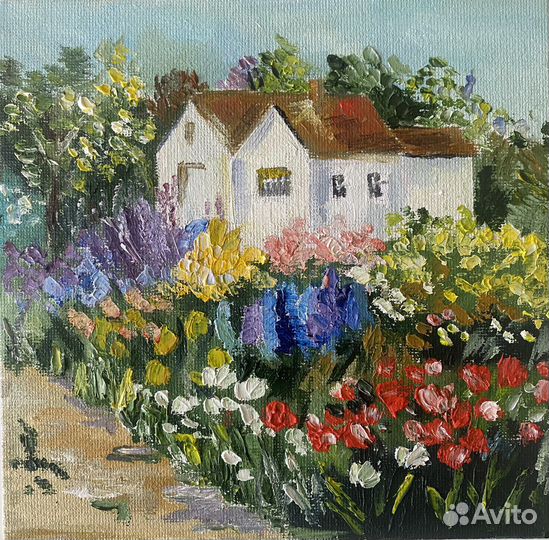 Картина маслом домик в цветах. Миниатюра