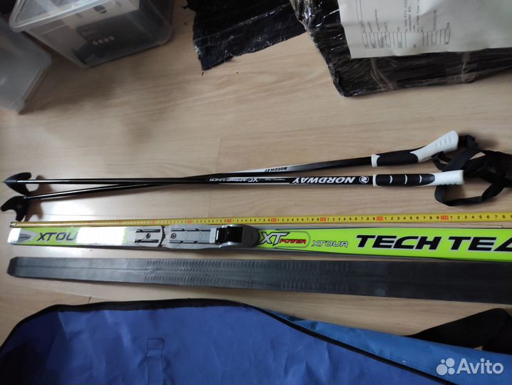 Лыжи 150см, лыжные палки 110см, ботинки, чехол