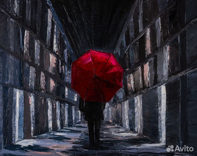 Картина оригинал человек с красным зонтом пейзаж
