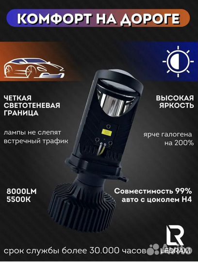 LED лампы H4 H7 с мини линзой в штатном месте 2шт