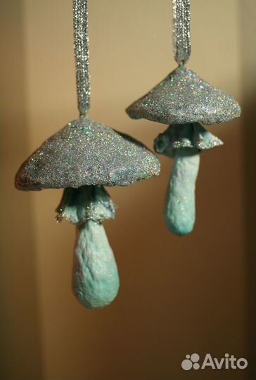 Ватная елочная игрушка гриб ручной работы