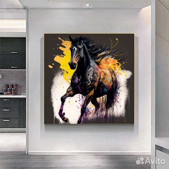 Картина маслом черная лошадь