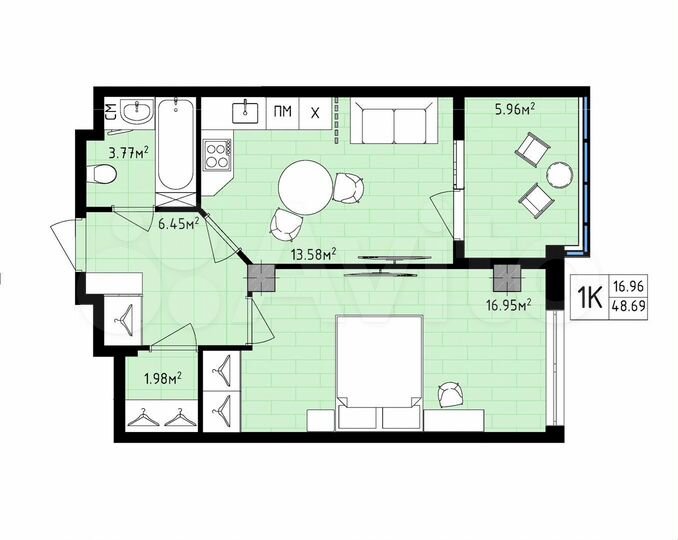 1-к. квартира, 48,7 м², 7/16 эт.