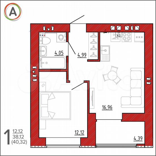 1-к. квартира, 40,3 м², 8/9 эт.
