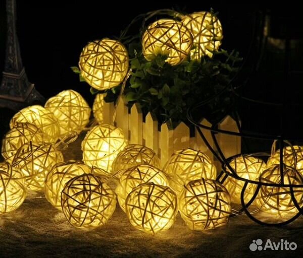 Гирлянда из натурального ротанга 20 LED USB, на ба