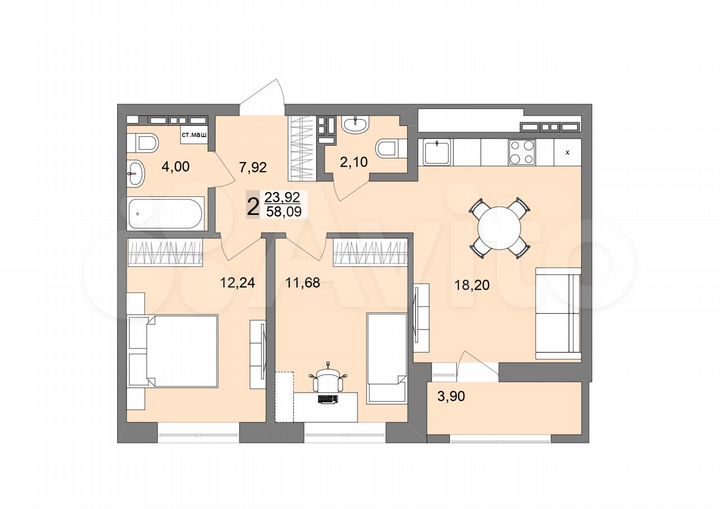 2-к. квартира, 58,1 м², 14/26 эт.