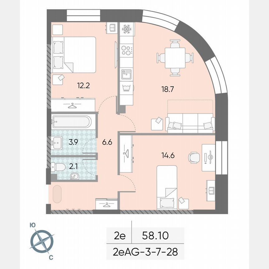 2-к. квартира, 58,1 м², 24/28 эт.