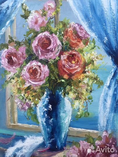 Картина маслом Букет роз в вазе на окне