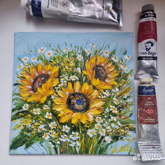 Подсолнухи ромашки полевые цветы картина маслом