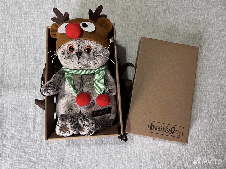 Кот Басик в шапке с оленями 22 см. Оригинал