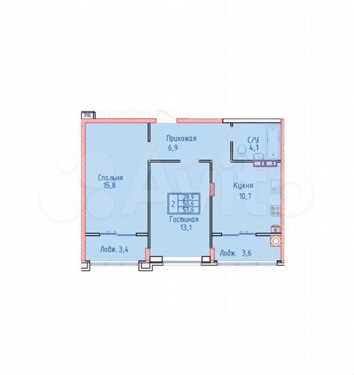 2-к. квартира, 57,6 м², 3/8 эт.