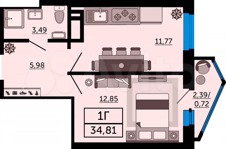 1-к. квартира, 34,8 м², 10/26 эт.