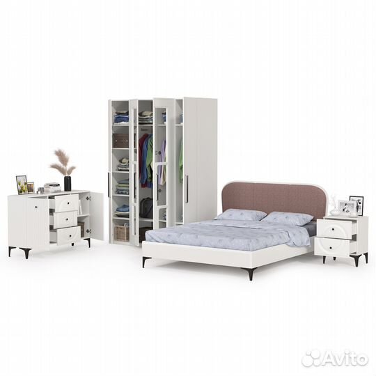 Мебель для спальни Валенсия № 32 двуспальная кровать с мягкой спинкой, цвет белый шагрень