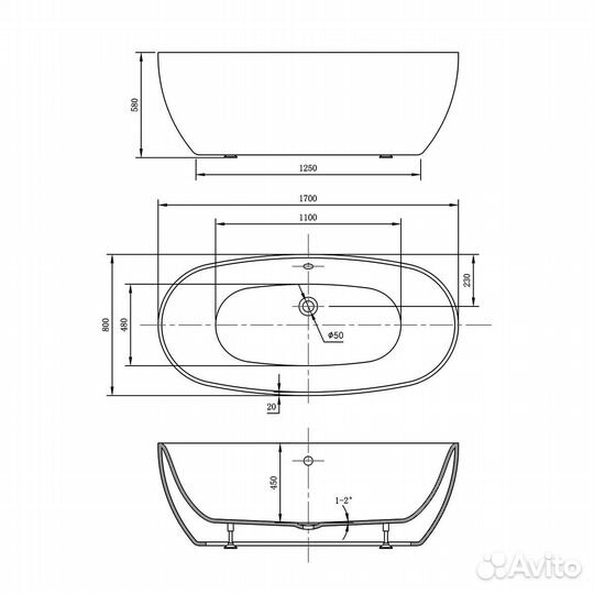 Ванна акриловая Vincea VBT-405-1700, 1700*800*580