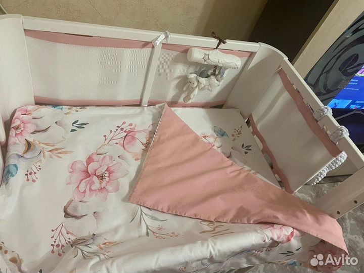 Детская приставная кроватка с маятником + матрас