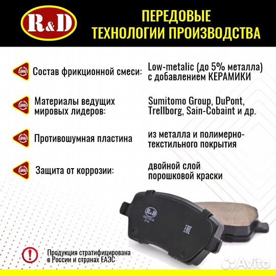 Тормозные колодки R&D Лада Веста Ларгус Дастер пер
