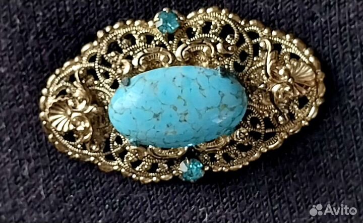 Брошь бирюза лазурит/винтаж, филигрань латунь