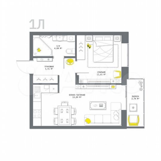1-к. квартира, 46 м², 13/25 эт.