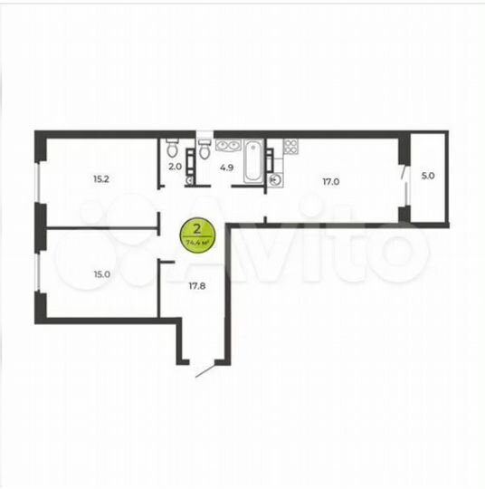 2-к. квартира, 74,4 м², 6/9 эт.
