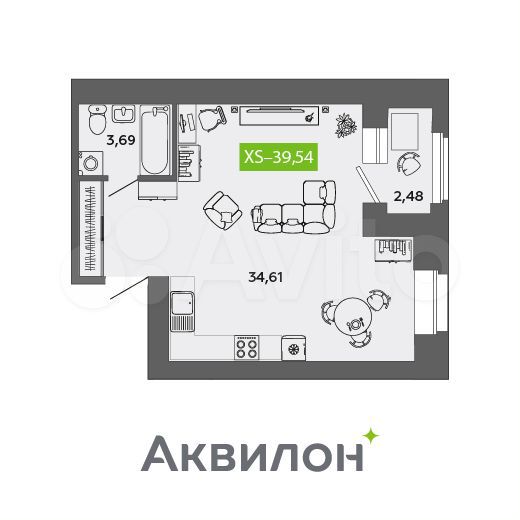 Квартира-студия, 39,5 м², 3/9 эт.
