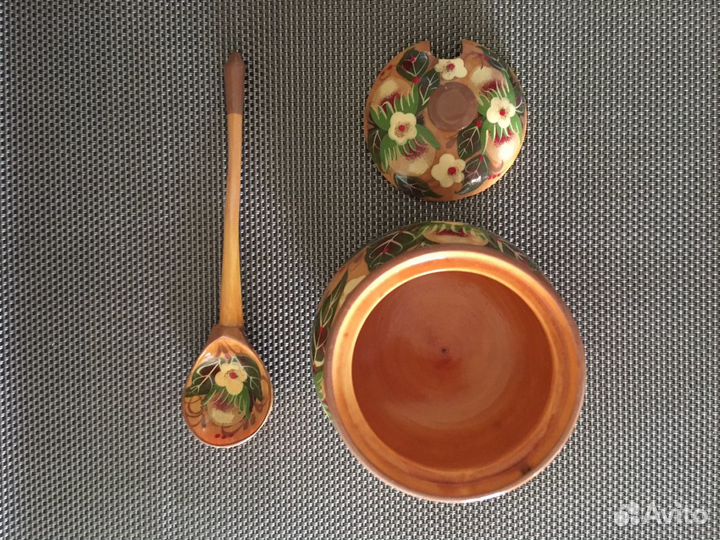 Сахарница + ложечка,дерево ручная роспись, Карелия