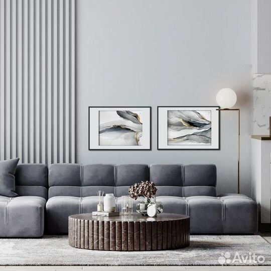 2 серые картины с золотом для интерьера чернилами