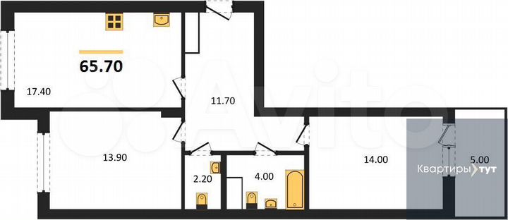 2-к. квартира, 65,7 м², 4/13 эт.