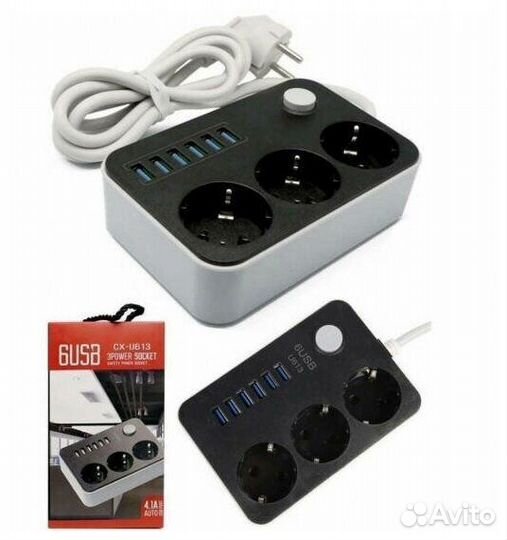 Cетевой фильтр (Удлинитель) c 3 розетками c 6 USB