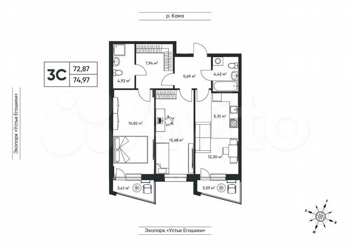 3-к. квартира, 75 м², 6/6 эт.