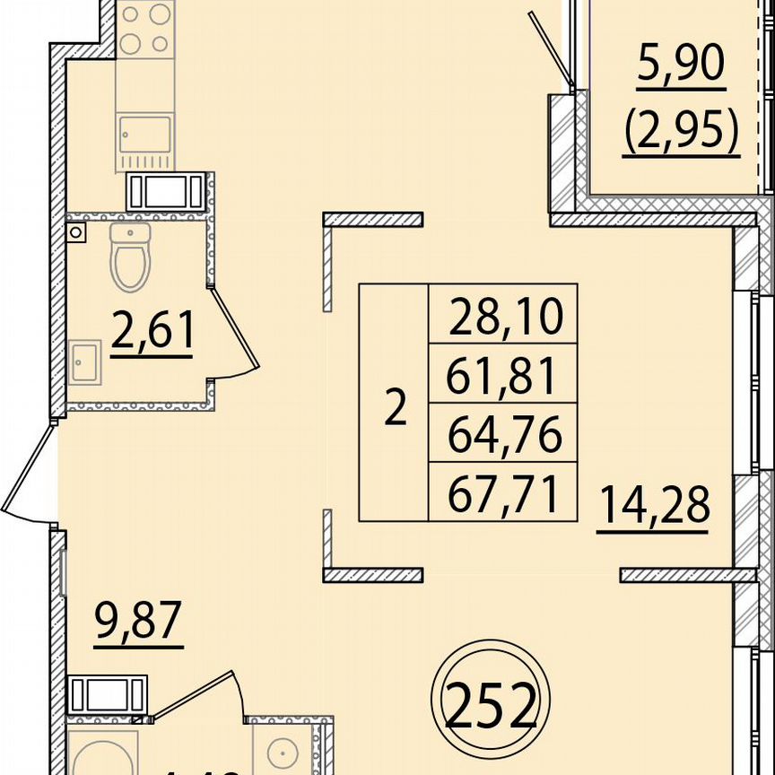 2-к. квартира, 61,8 м², 3/4 эт.