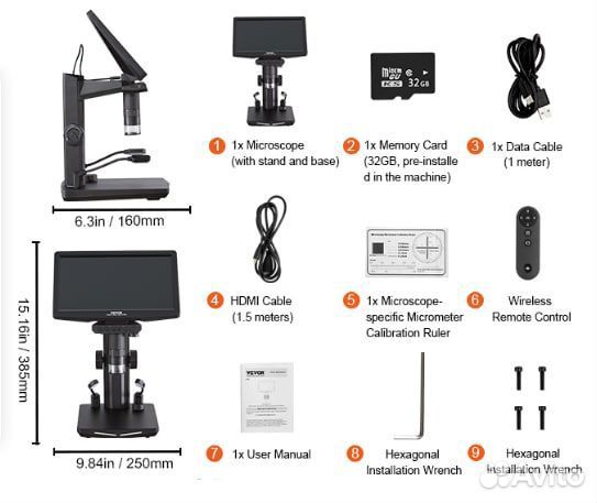 Цифровой микроскоп 10,1 дюйма 1300X, IPS экран New