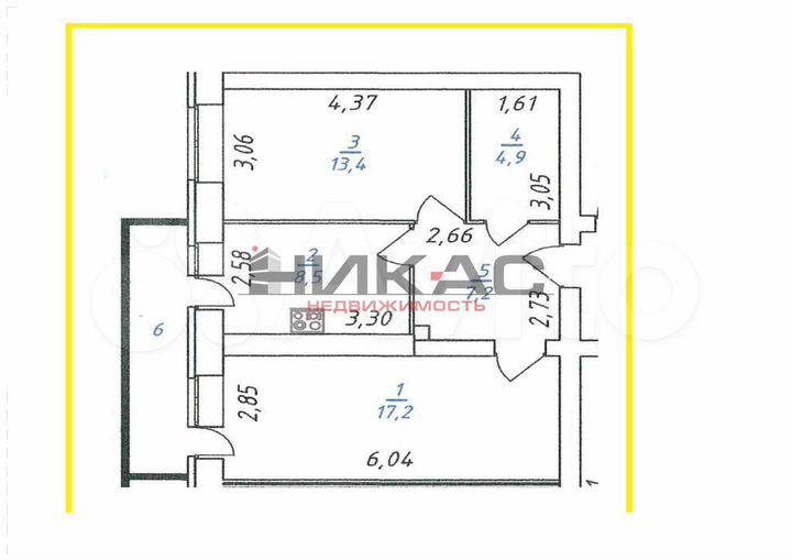 2-к. квартира, 52,7 м², 1/4 эт.
